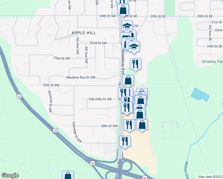map of restaurants, bars, coffee shops, grocery stores, and more near 2541 Oak Hills Drive Southwest in Rochester