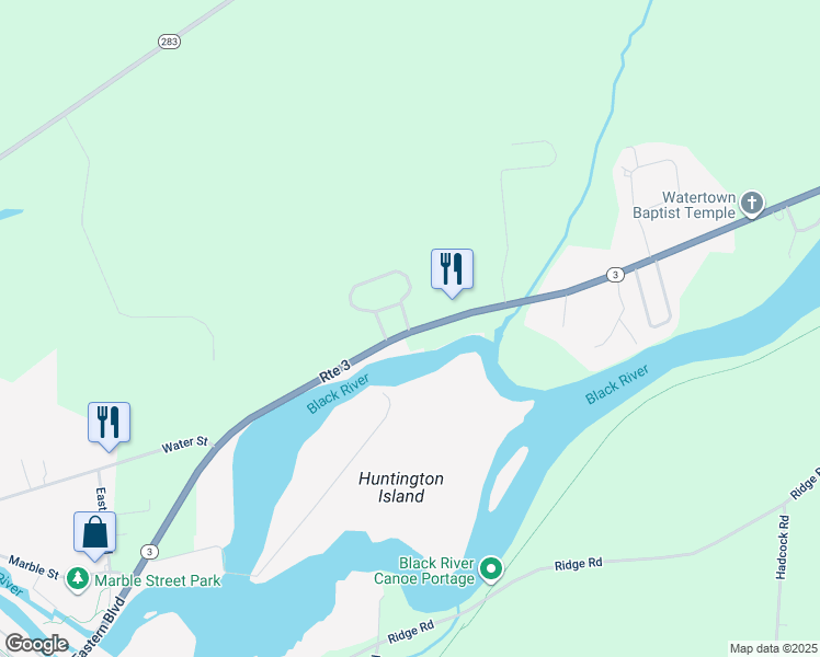 map of restaurants, bars, coffee shops, grocery stores, and more near 25451 New York 3 in Watertown