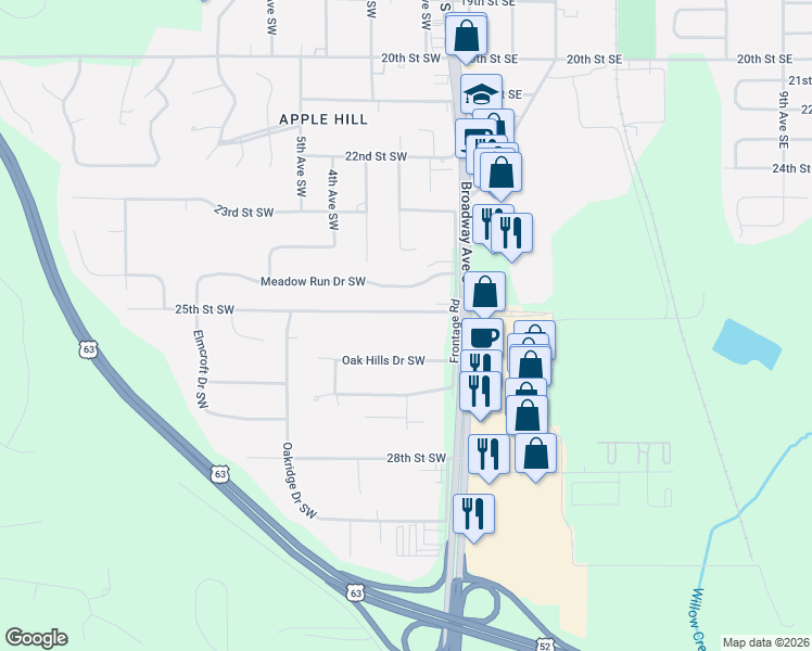 map of restaurants, bars, coffee shops, grocery stores, and more near 2541 Oak Hills Drive Southwest in Rochester
