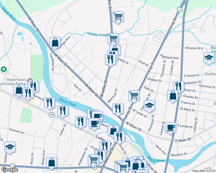 map of restaurants, bars, coffee shops, grocery stores, and more near 540 Bradley Street in Watertown