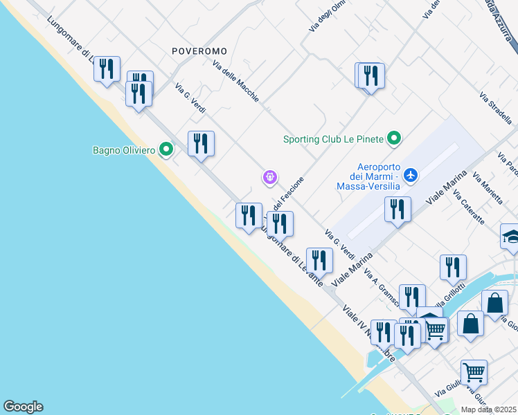 map of restaurants, bars, coffee shops, grocery stores, and more near 190-196 Lungomare di Levante in Massa