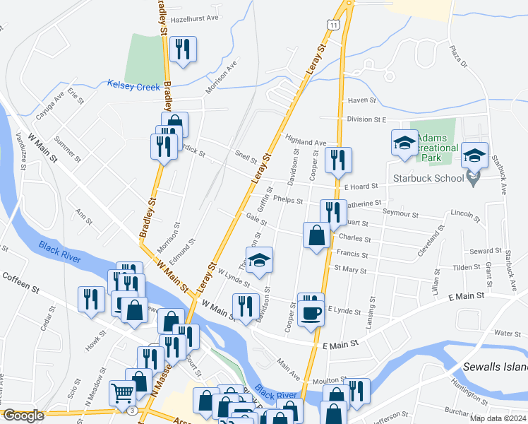map of restaurants, bars, coffee shops, grocery stores, and more near 710 Griffin Street in Watertown