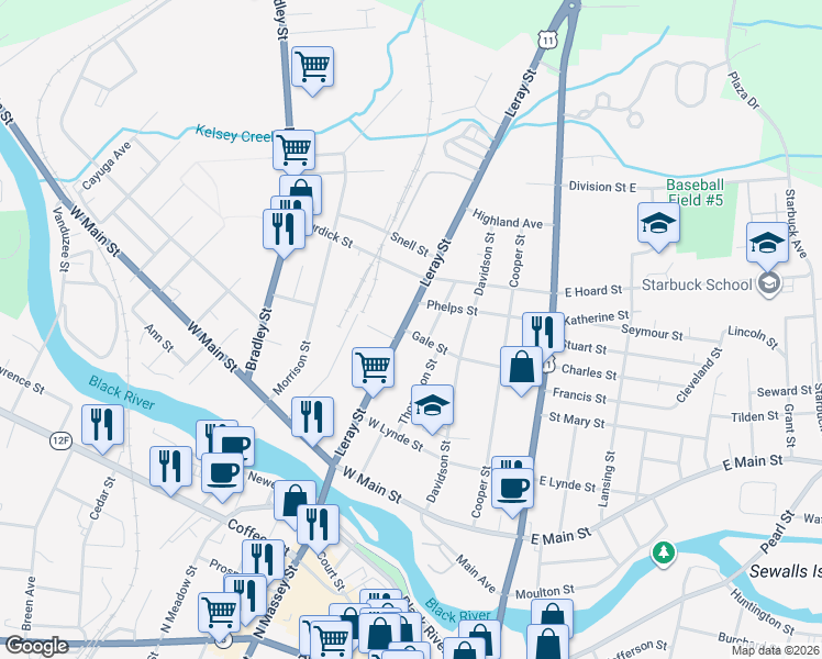 map of restaurants, bars, coffee shops, grocery stores, and more near 669 Thompson Street in Watertown