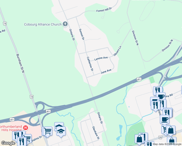 map of restaurants, bars, coffee shops, grocery stores, and more near 1266 Ontario Street in Cobourg