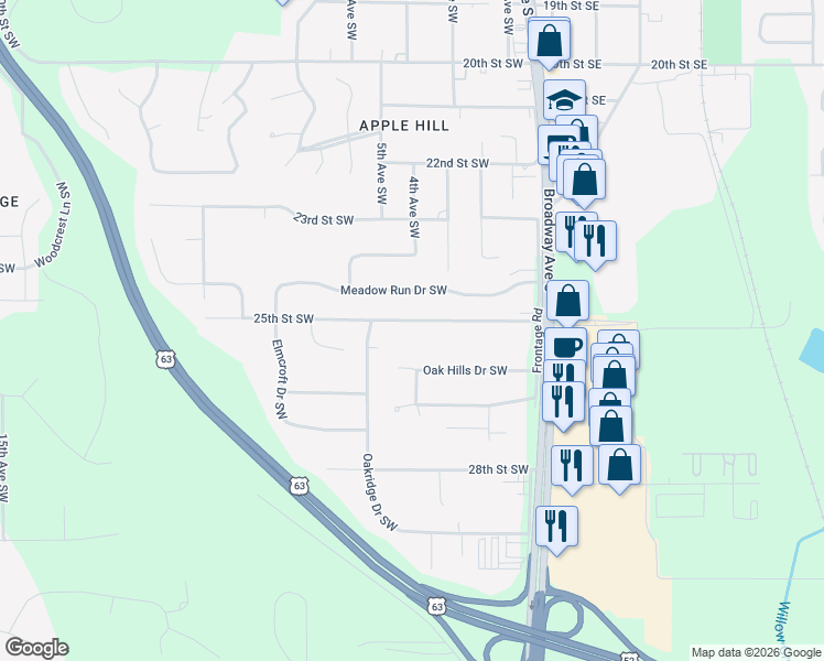 map of restaurants, bars, coffee shops, grocery stores, and more near 2573 Oak Hills Drive Southwest in Rochester