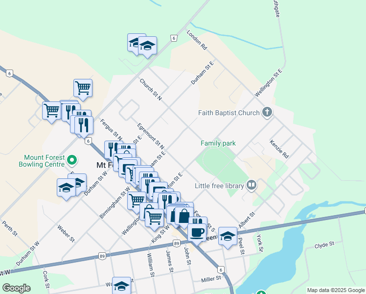 map of restaurants, bars, coffee shops, grocery stores, and more near 360 Birmingham Street East in Mount Forest