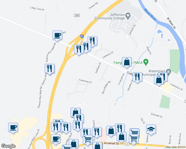 map of restaurants, bars, coffee shops, grocery stores, and more near 435 Gaffney Drive in Watertown