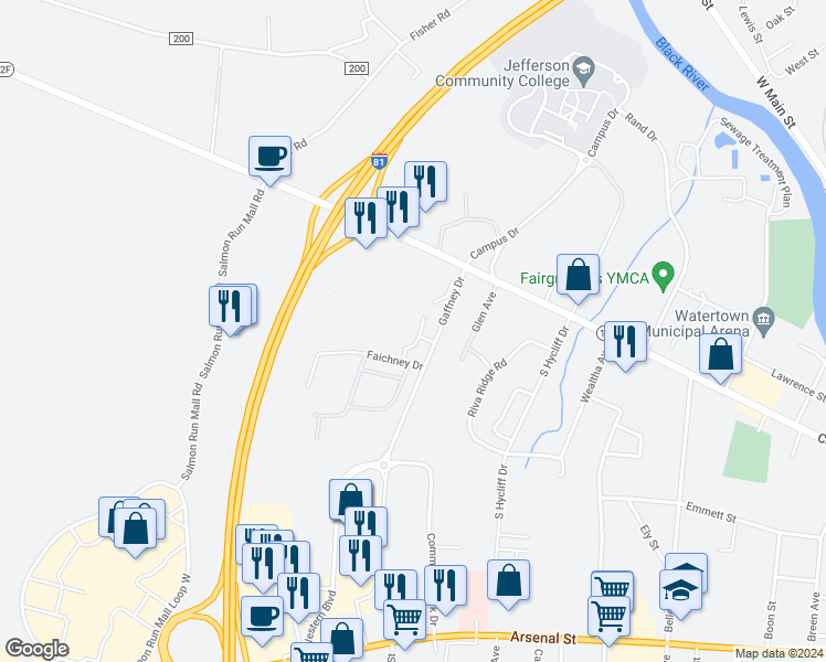 map of restaurants, bars, coffee shops, grocery stores, and more near 426 College Heights in Watertown