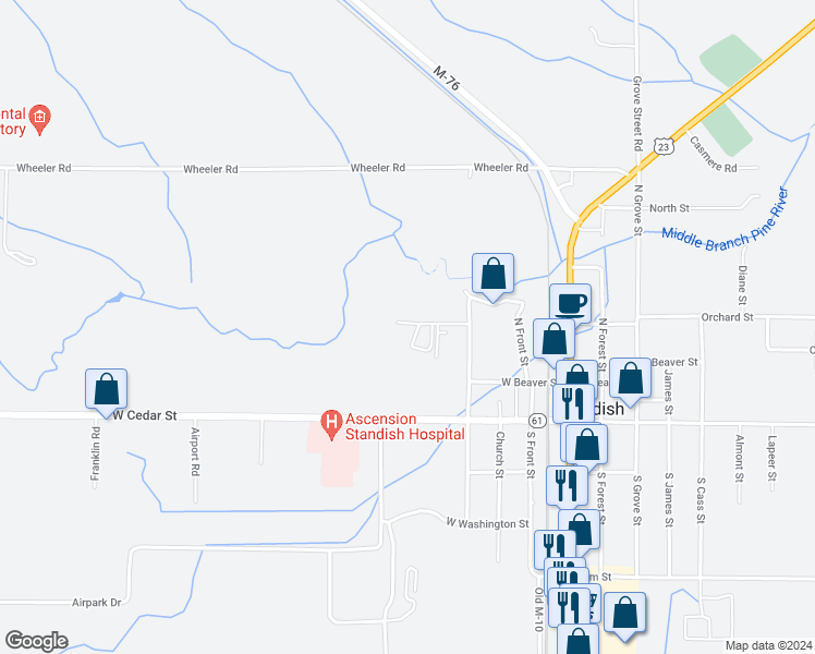 map of restaurants, bars, coffee shops, grocery stores, and more near 442 Mill Street in Standish