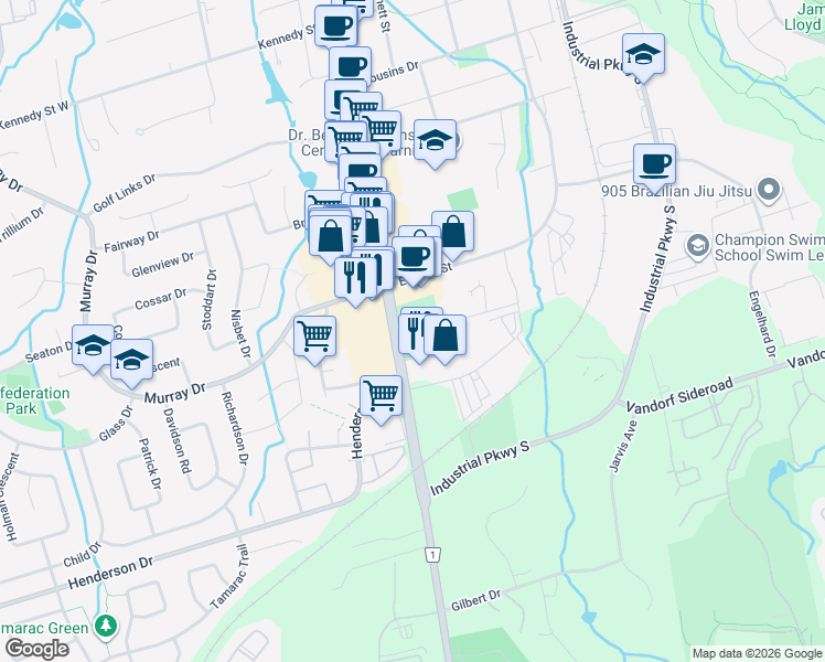 map of restaurants, bars, coffee shops, grocery stores, and more near 14659 Yonge Street in Aurora