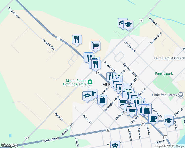 map of restaurants, bars, coffee shops, grocery stores, and more near 126 Sligo Road West in Mount Forest