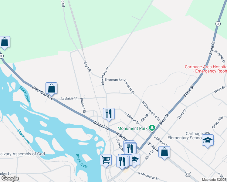 map of restaurants, bars, coffee shops, grocery stores, and more near 822 Alexandria Street in Carthage