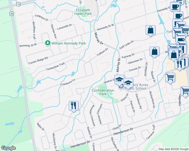 map of restaurants, bars, coffee shops, grocery stores, and more near 23 Cranberry Lane in Aurora