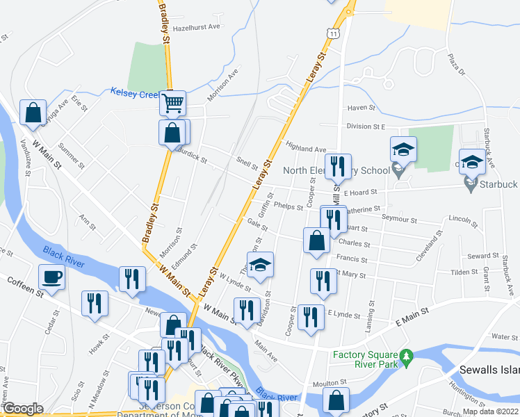 map of restaurants, bars, coffee shops, grocery stores, and more near 719 Griffin Street in Watertown