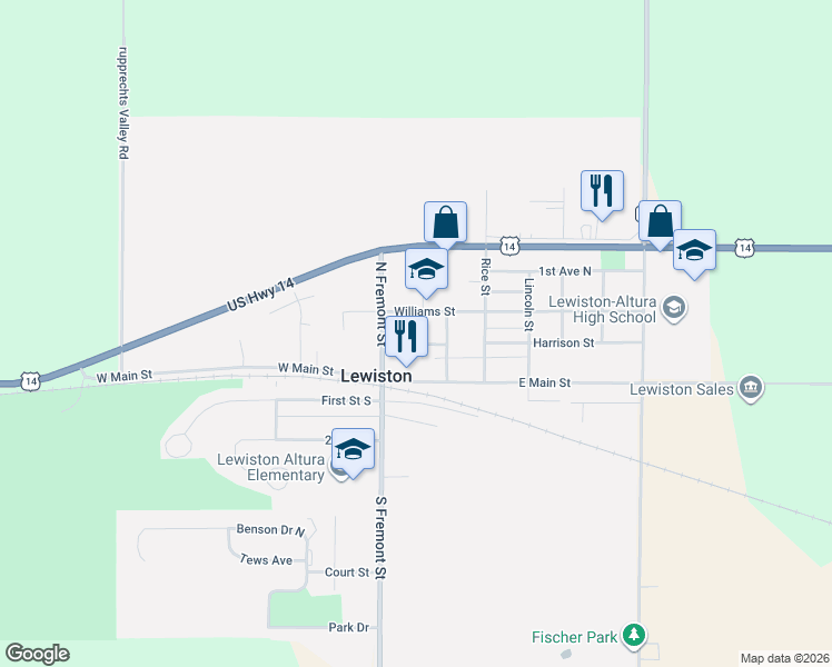 map of restaurants, bars, coffee shops, grocery stores, and more near 95 Williams Street in Lewiston