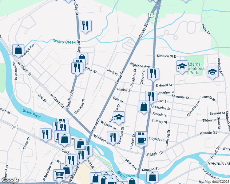 map of restaurants, bars, coffee shops, grocery stores, and more near 726 U.S. 11 in Watertown