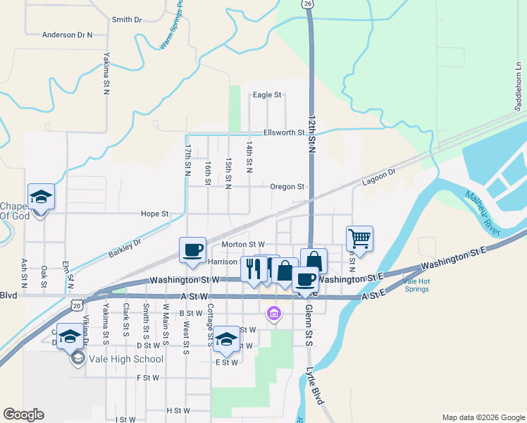 map of restaurants, bars, coffee shops, grocery stores, and more near 555 14th Street North in Vale