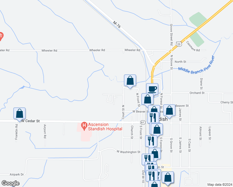 map of restaurants, bars, coffee shops, grocery stores, and more near 442 Mill Street in Standish