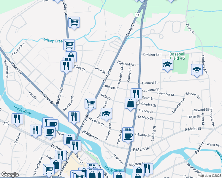 map of restaurants, bars, coffee shops, grocery stores, and more near 724 Griffin Street in Watertown