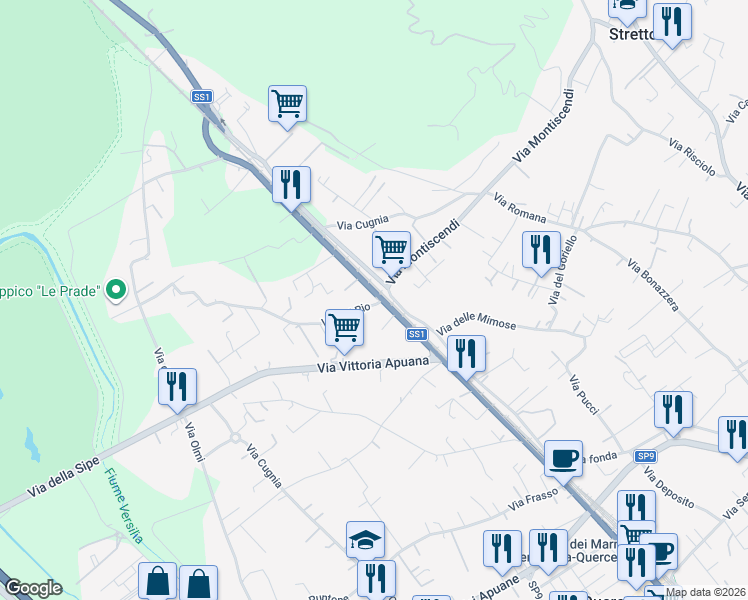 map of restaurants, bars, coffee shops, grocery stores, and more near 45 Strada Statale 1 in Strettoia