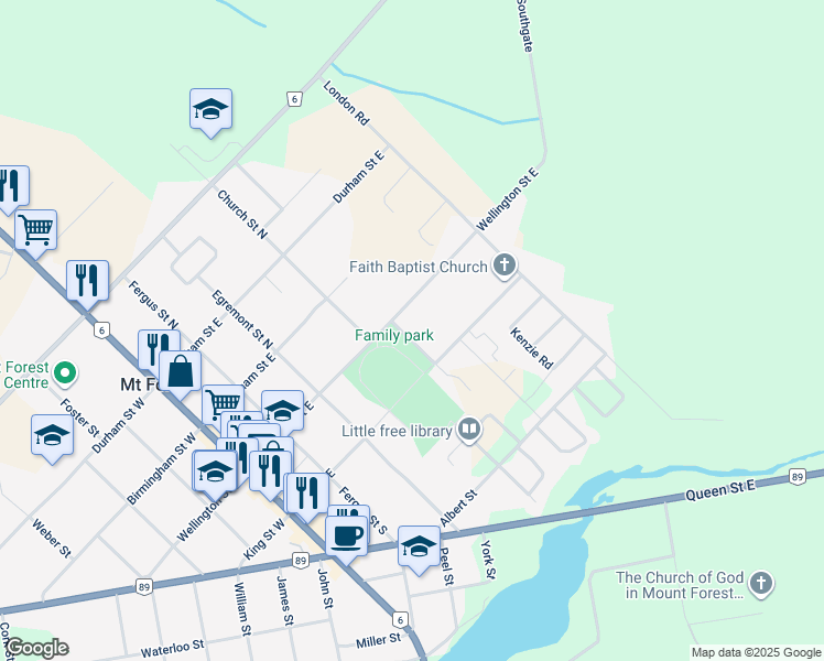 map of restaurants, bars, coffee shops, grocery stores, and more near 417 King Street East in Mount Forest