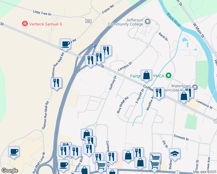 map of restaurants, bars, coffee shops, grocery stores, and more near 435 Gaffney Drive in Watertown