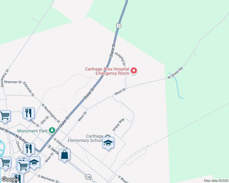 map of restaurants, bars, coffee shops, grocery stores, and more near 975 West Street in Carthage