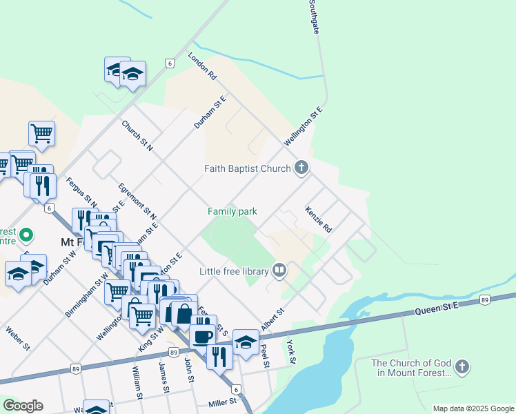 map of restaurants, bars, coffee shops, grocery stores, and more near 417 King Street East in Mount Forest