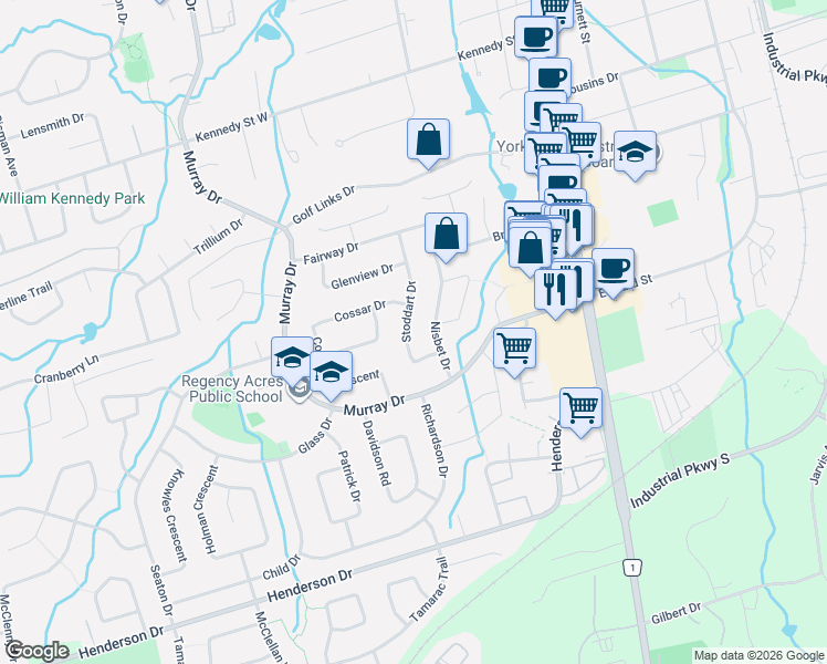 map of restaurants, bars, coffee shops, grocery stores, and more near 43 Stoddart Drive in Aurora