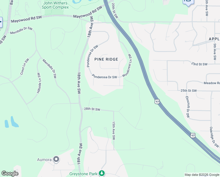 map of restaurants, bars, coffee shops, grocery stores, and more near 1526 Monterey Lane Southwest in Rochester