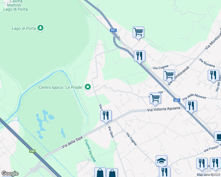map of restaurants, bars, coffee shops, grocery stores, and more near 102 Via del Rio in Strettoia