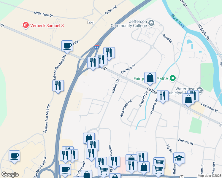 map of restaurants, bars, coffee shops, grocery stores, and more near 435 Gaffney Drive in Watertown