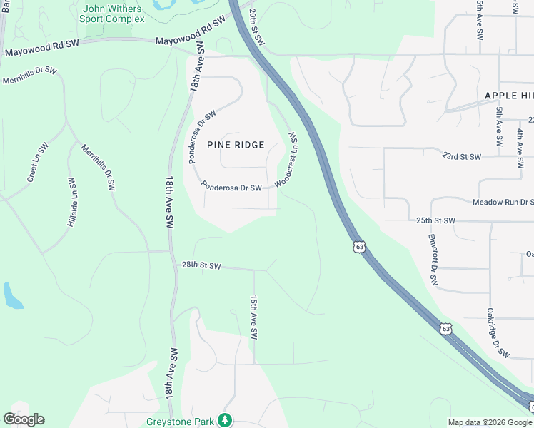 map of restaurants, bars, coffee shops, grocery stores, and more near 1502 Monterey Lane Southwest in Rochester