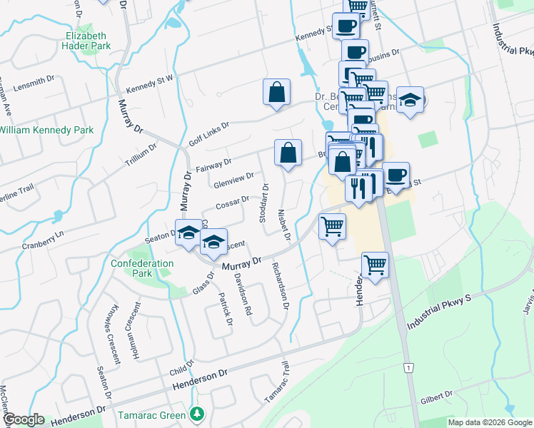 map of restaurants, bars, coffee shops, grocery stores, and more near 45 Stoddart Drive in Aurora