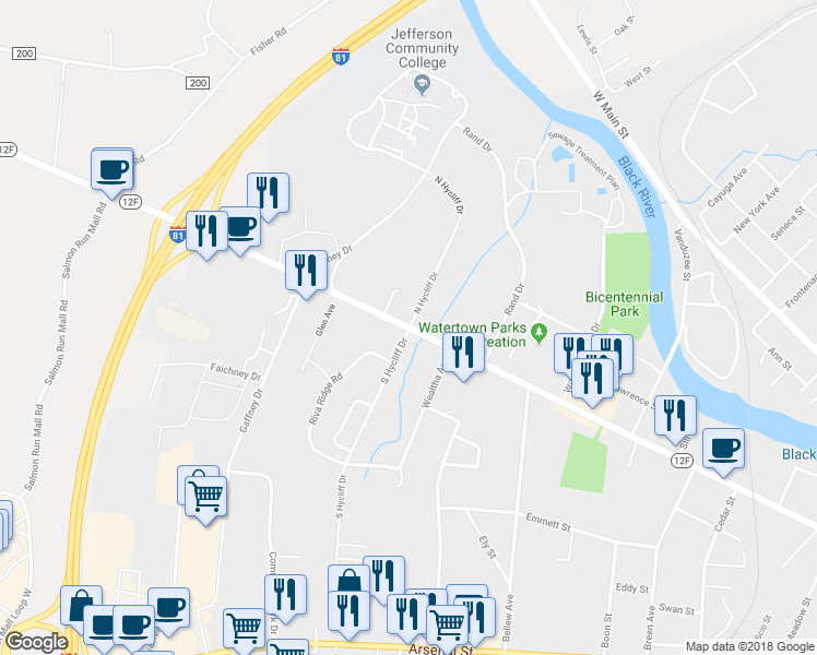 map of restaurants, bars, coffee shops, grocery stores, and more near 1100 Coffeen Street in Watertown