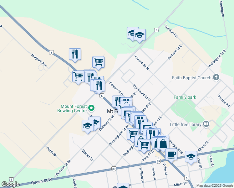 map of restaurants, bars, coffee shops, grocery stores, and more near 335 Fergus Street North in Mount Forest