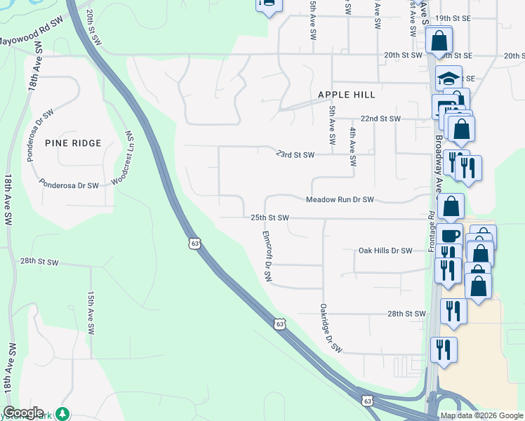 map of restaurants, bars, coffee shops, grocery stores, and more near 2492 Meadow Hills Drive Southwest in Rochester