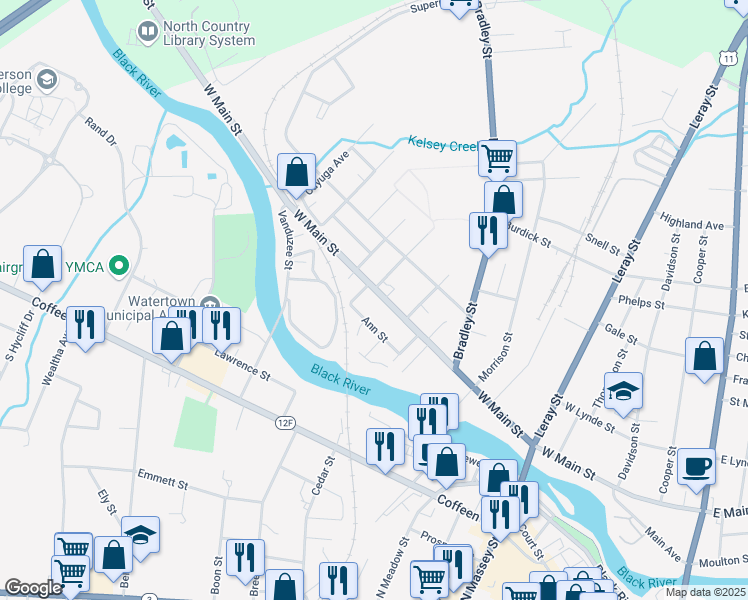 map of restaurants, bars, coffee shops, grocery stores, and more near 871 West Main Street in Watertown