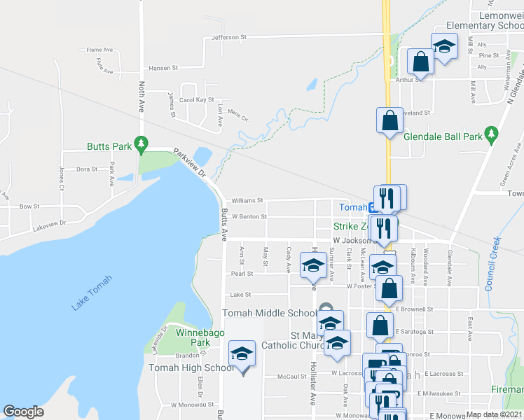 map of restaurants, bars, coffee shops, grocery stores, and more near 109 May Street in Tomah