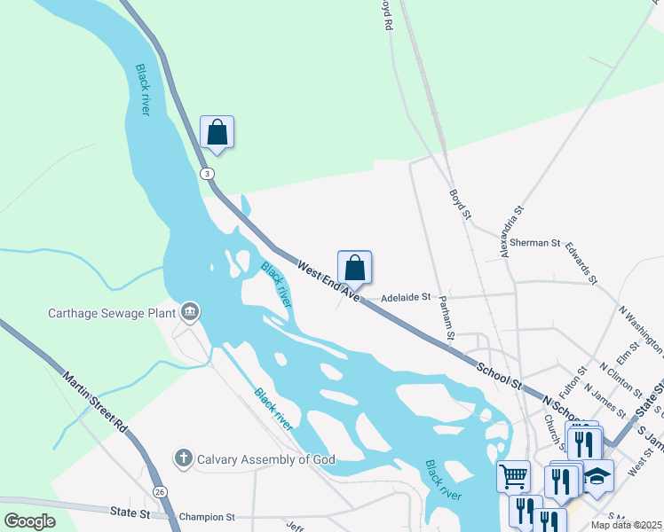 map of restaurants, bars, coffee shops, grocery stores, and more near 734 West End Avenue in Carthage