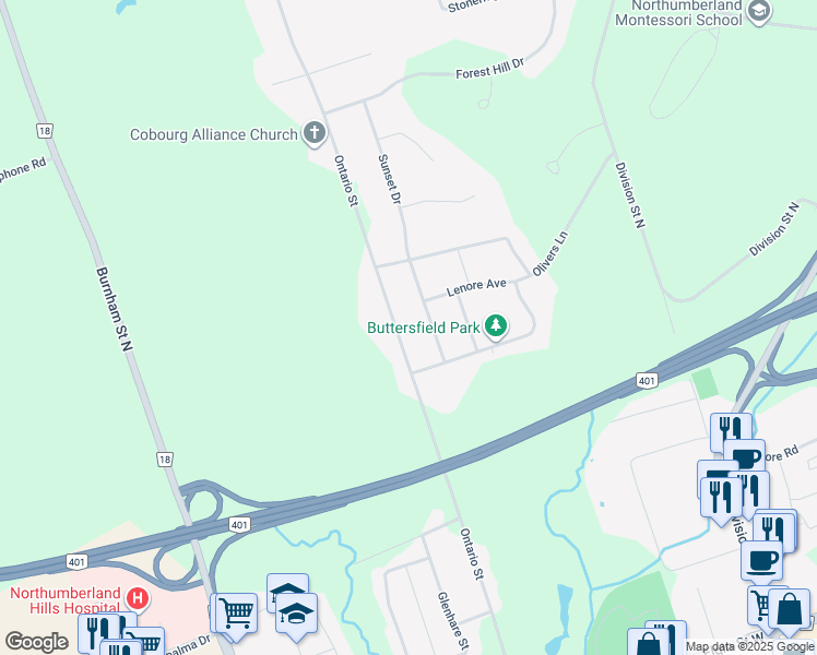 map of restaurants, bars, coffee shops, grocery stores, and more near 1278 Ontario Street in Cobourg