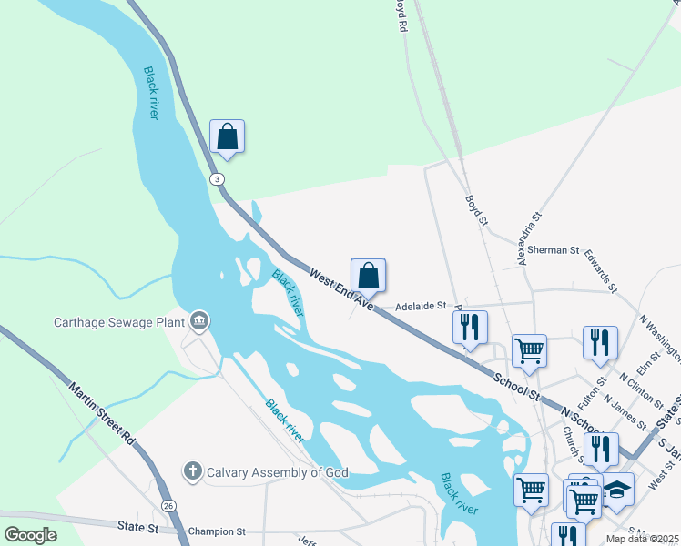 map of restaurants, bars, coffee shops, grocery stores, and more near 734 West End Avenue in Carthage
