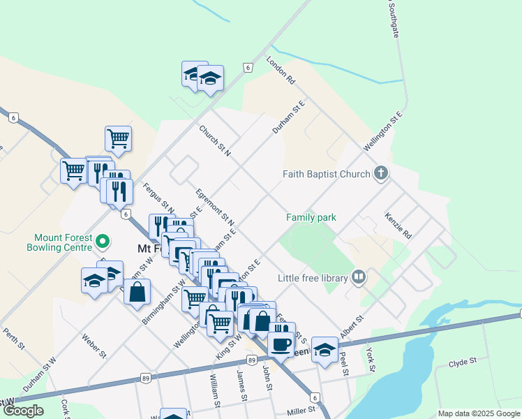 map of restaurants, bars, coffee shops, grocery stores, and more near 360 Birmingham Street East in Mount Forest