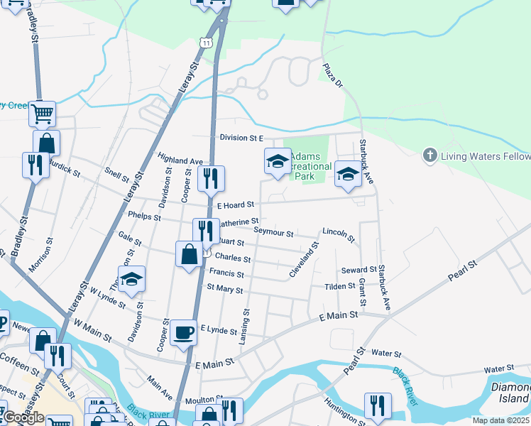 map of restaurants, bars, coffee shops, grocery stores, and more near 204 East Hoard Street in Watertown