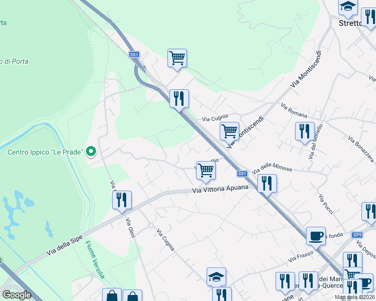map of restaurants, bars, coffee shops, grocery stores, and more near 37 Via dei Mughetti in Strettoia