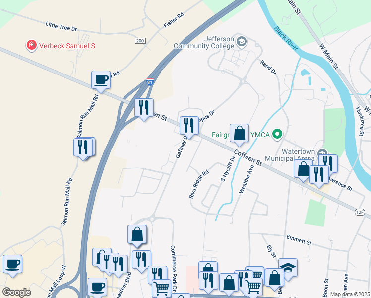 map of restaurants, bars, coffee shops, grocery stores, and more near 438 Gaffney Drive in Watertown