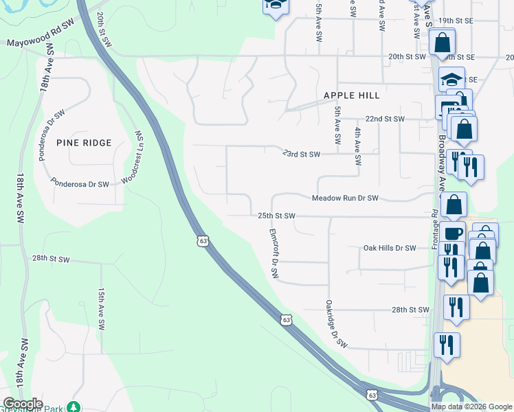 map of restaurants, bars, coffee shops, grocery stores, and more near 2492 Meadow Hills Drive Southwest in Rochester
