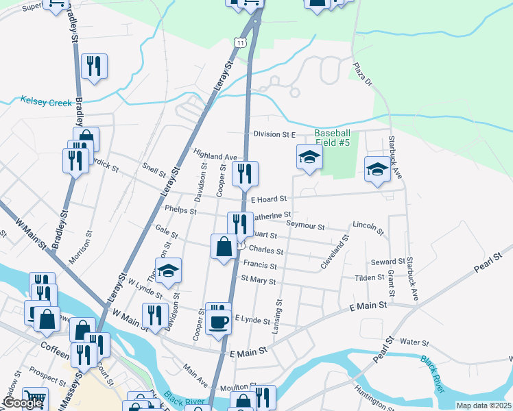 map of restaurants, bars, coffee shops, grocery stores, and more near 116 E Hoard St in Watertown