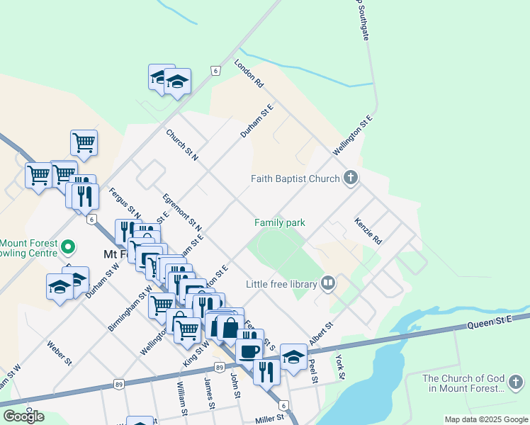 map of restaurants, bars, coffee shops, grocery stores, and more near 425 Wellington Street East in Mount Forest