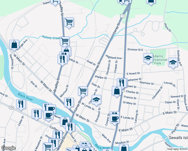 map of restaurants, bars, coffee shops, grocery stores, and more near 726 U.S. 11 in Watertown